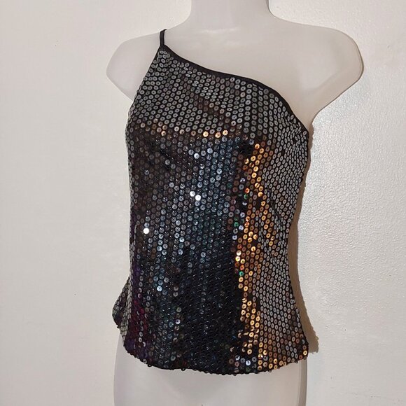 Bebe Iridescent Sequin One Strap Black Tank Top Women - Large - Picture 3 of 9